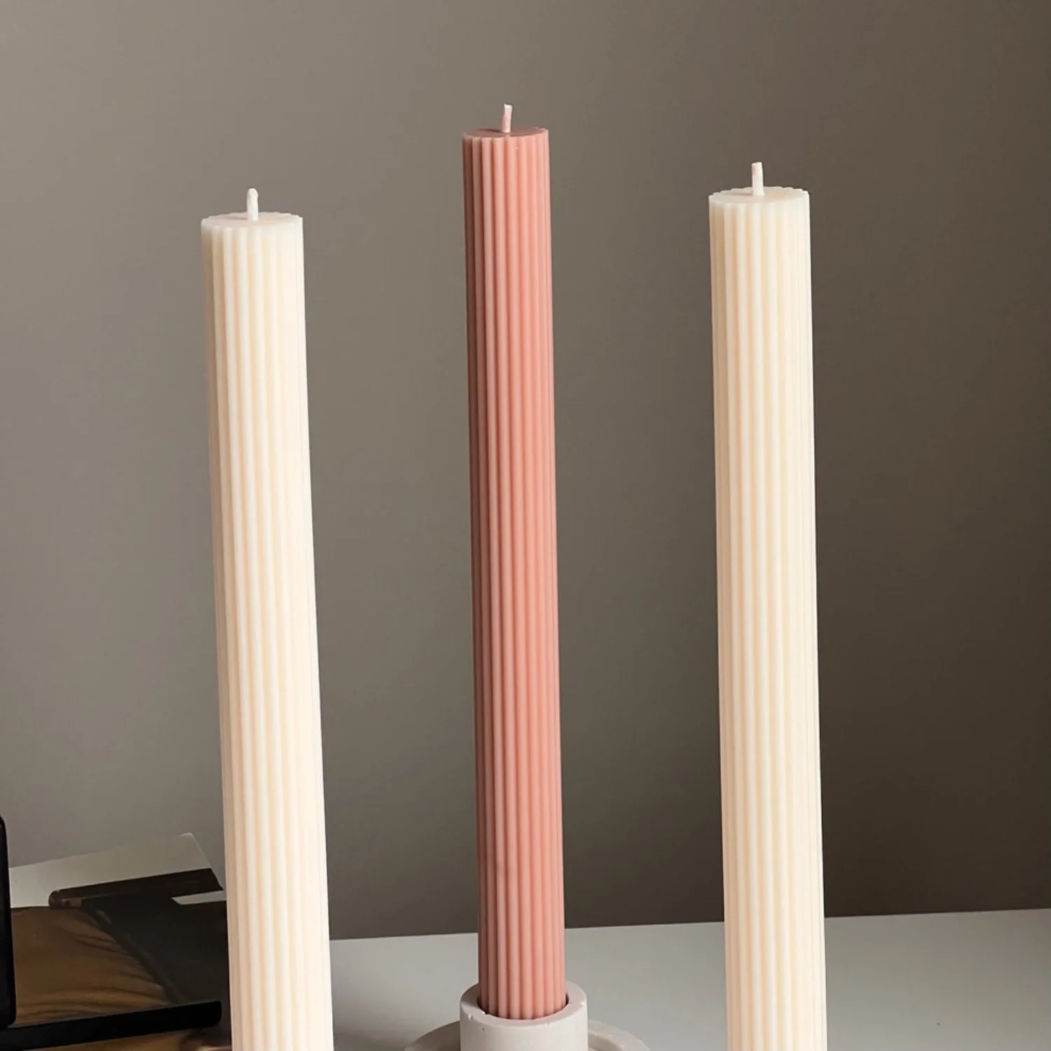 Cream Ribbed Taper Candle - Image 2