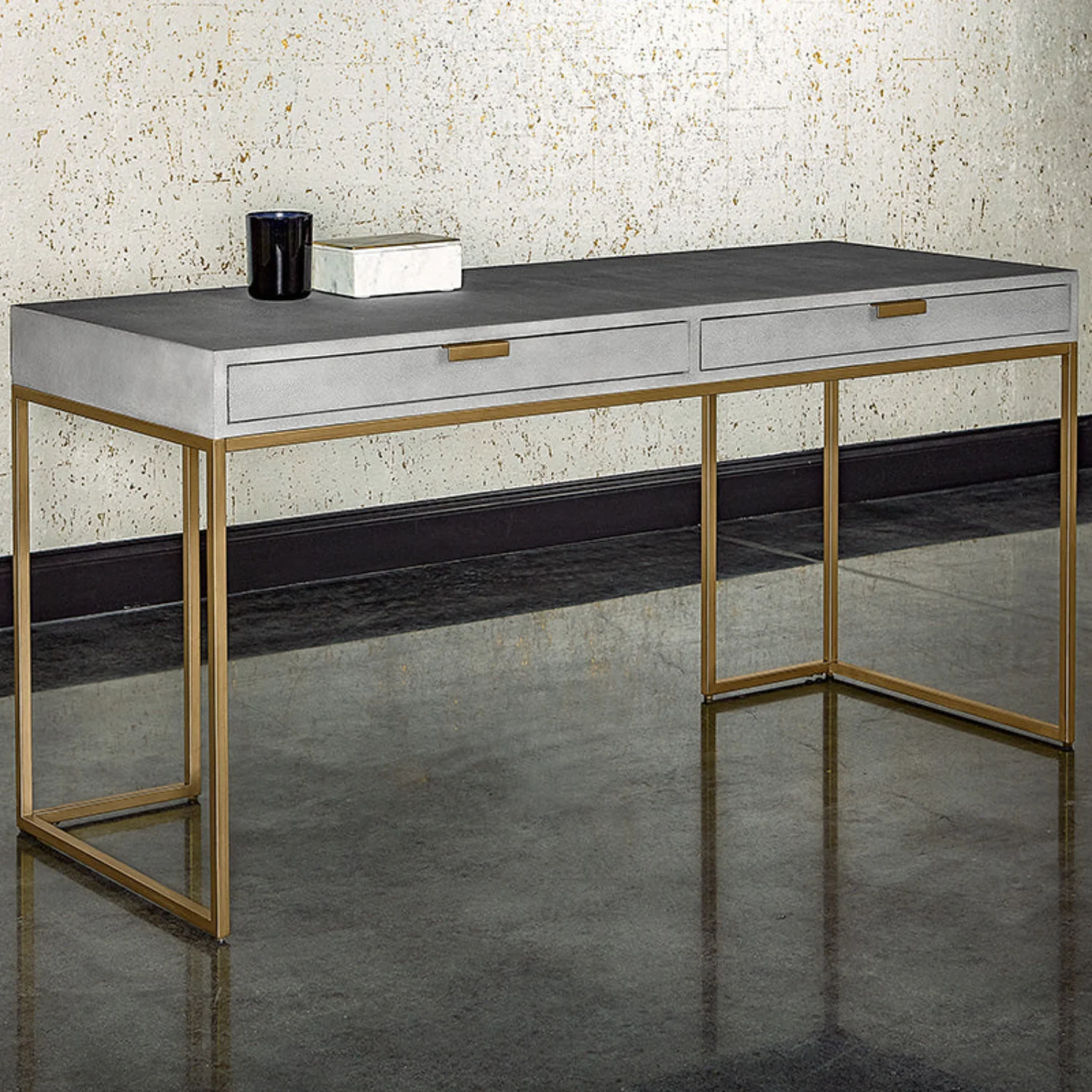 Shagreen Leather Desk - Grey/Brass - Image 3