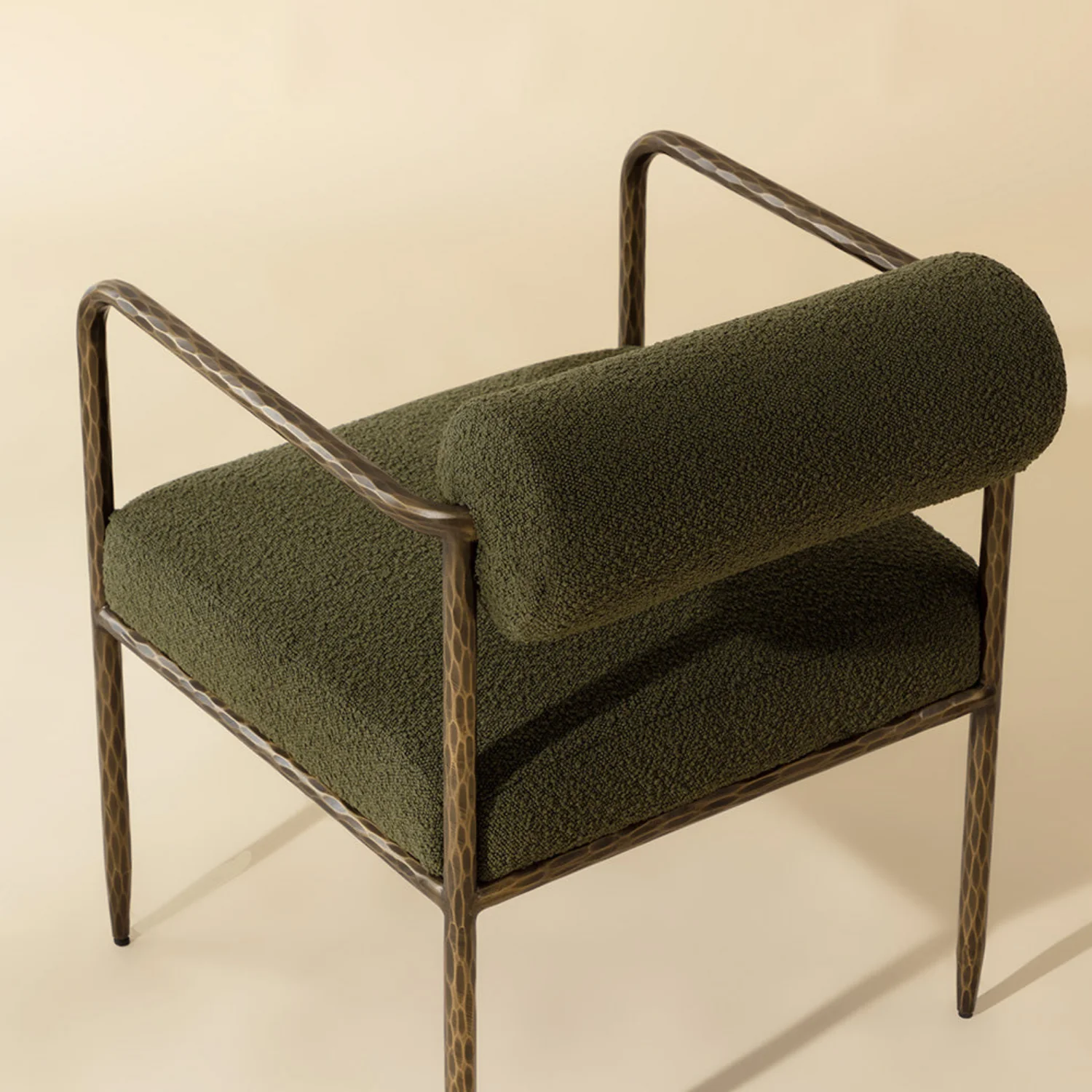Hammered Antique Brass Dining Arm Chair - Olive Boucle - Image 2