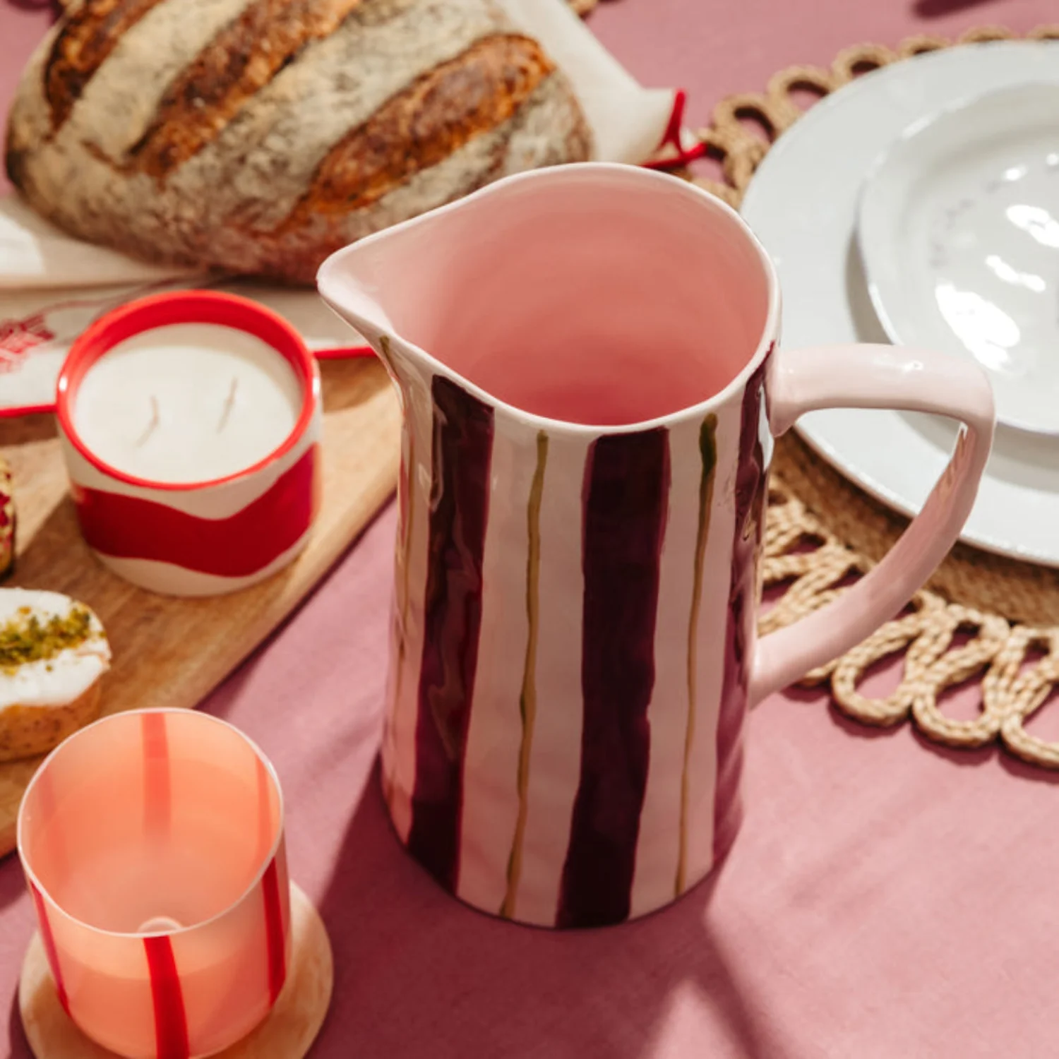 Bold Striped Decorative Jug Vase - Pink/Burgundy - Image 2