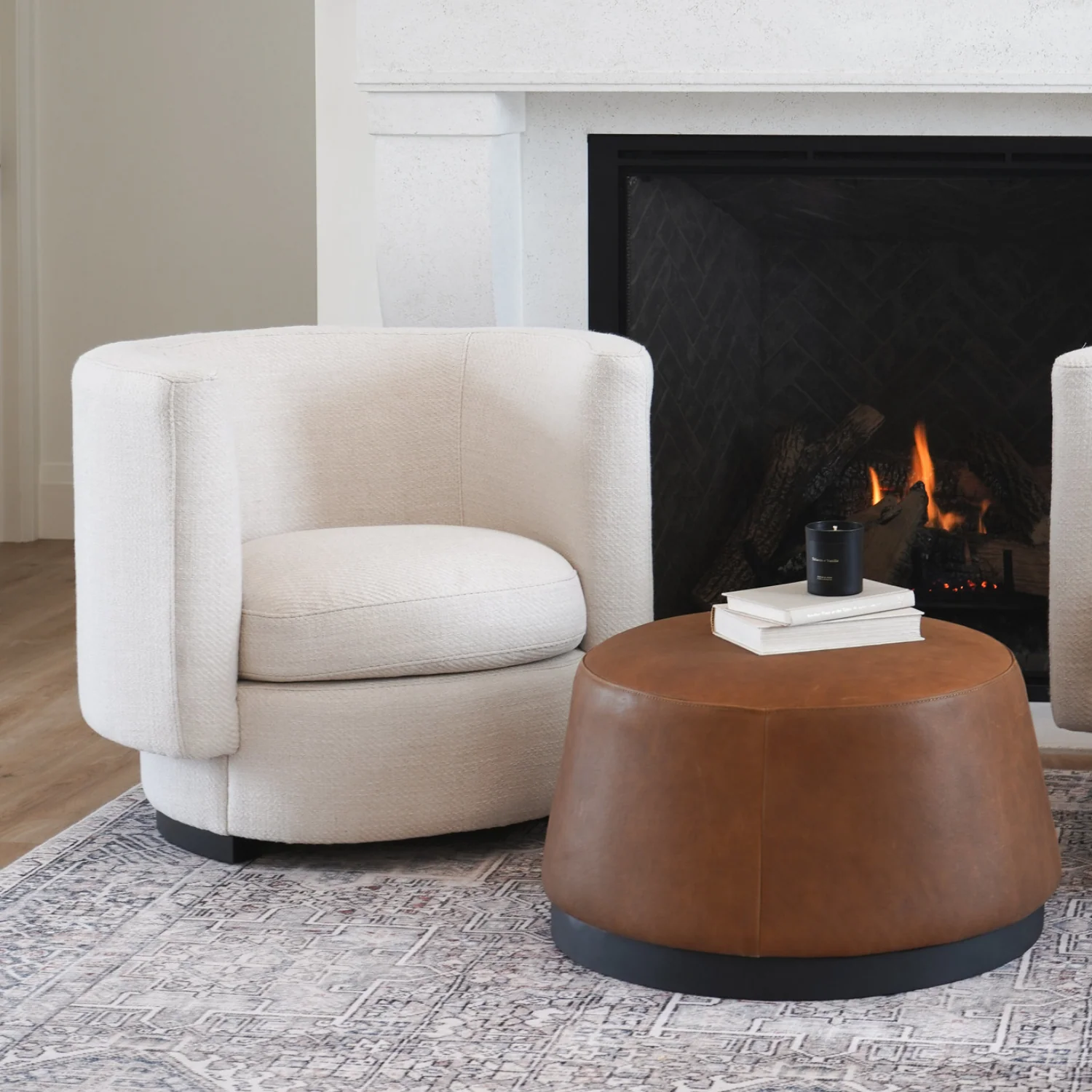 Pop Cognac Leather Round Ottomans - Image 2