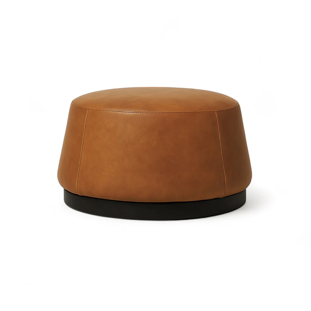 Pop Cognac Leather Round Ottomans - Image 3