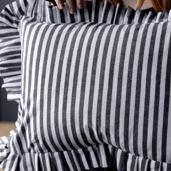 Ruffles Cotton Lumbar Toss Pillow - Black Stripe - Image 3