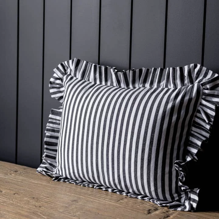 Ruffles Cotton Lumbar Toss Pillow - Black Stripe - Image 4