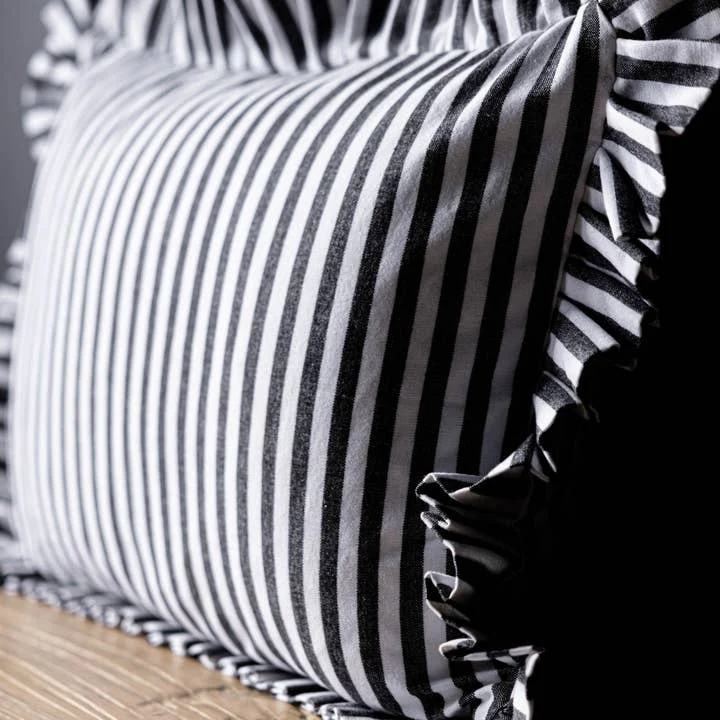 Ruffles Cotton Lumbar Toss Pillow - Black Stripe - Image 5