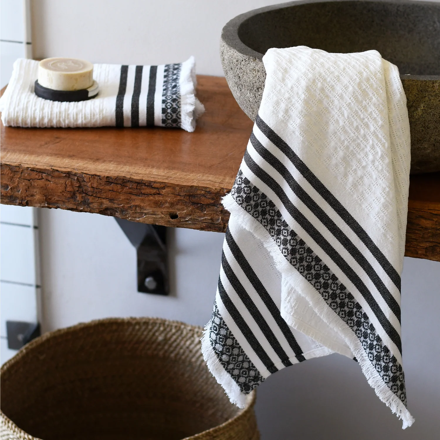 Salt White/Grey Fringed Waffle Cotton Towels
