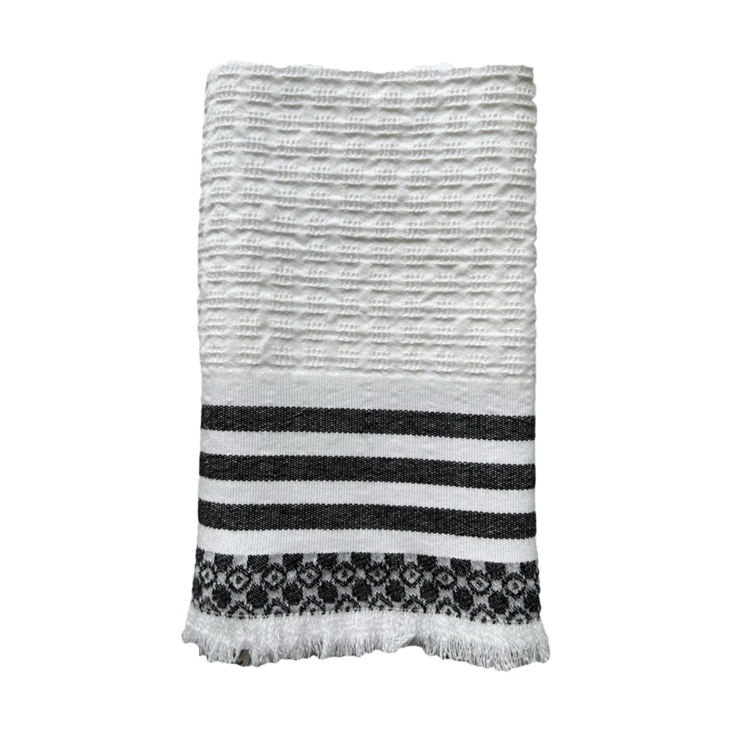 Salt White/Grey Fringed Waffle Cotton Towels - Image 2