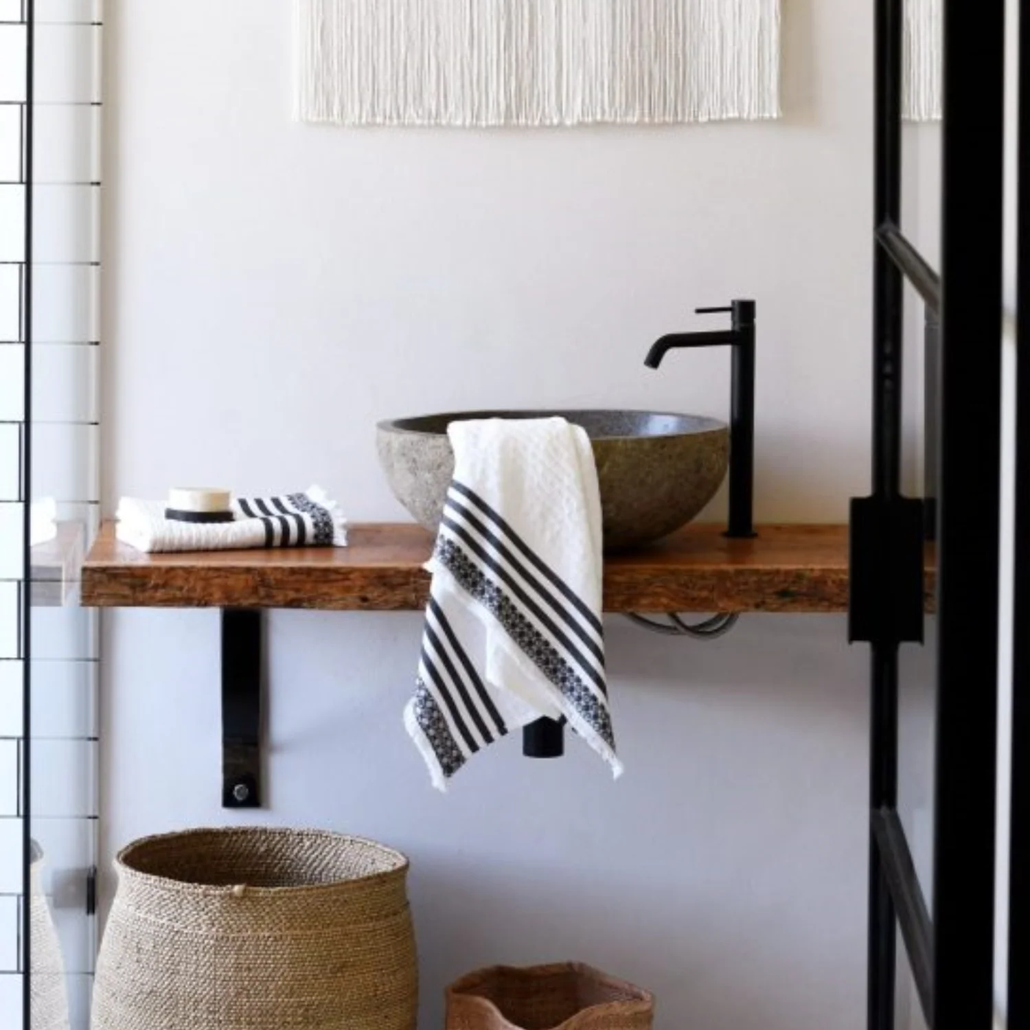 Salt White/Grey Fringed Waffle Cotton Towels - Image 3