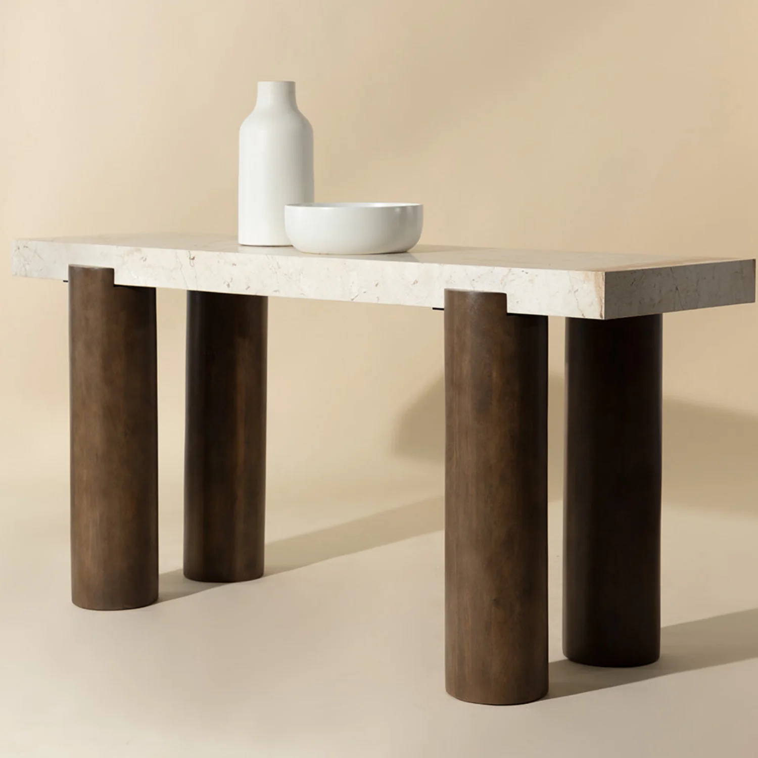 Silos Crema Marble/Wood Console Table - Image 3