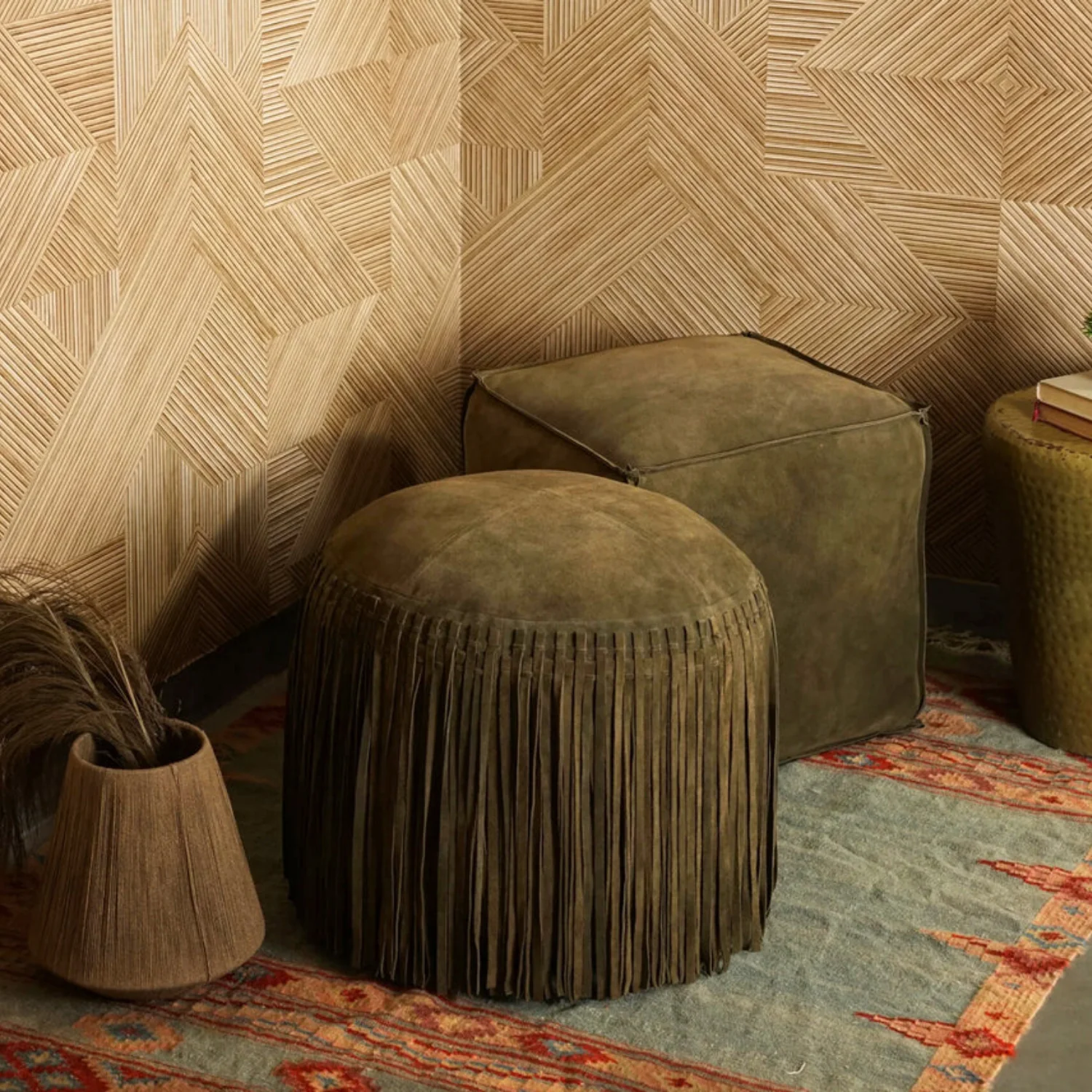 Suede Fringe Round Ottoman - Forest Green - Image 2