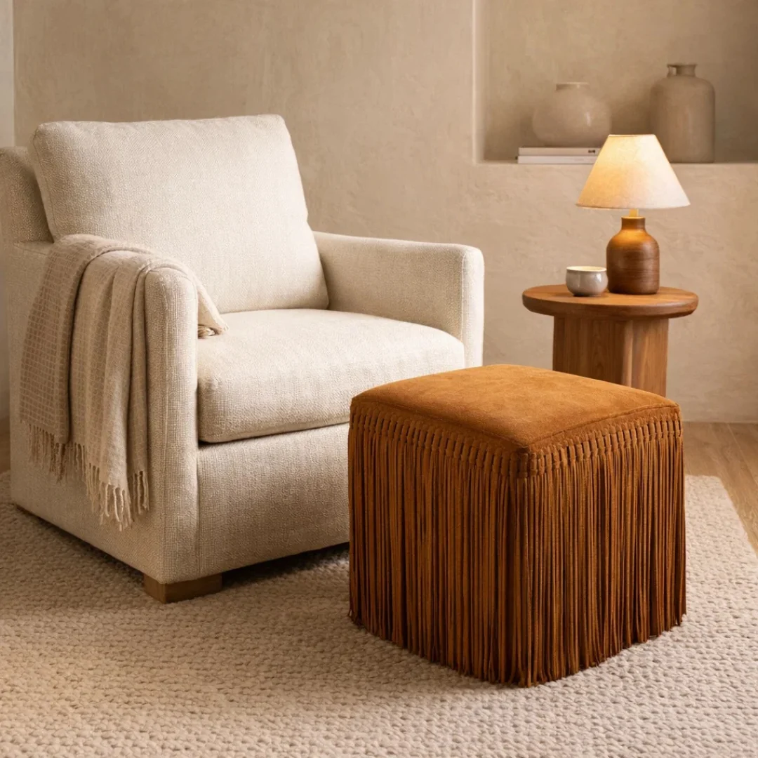 Suede Fringe Square Ottoman - Cognac - Image 2