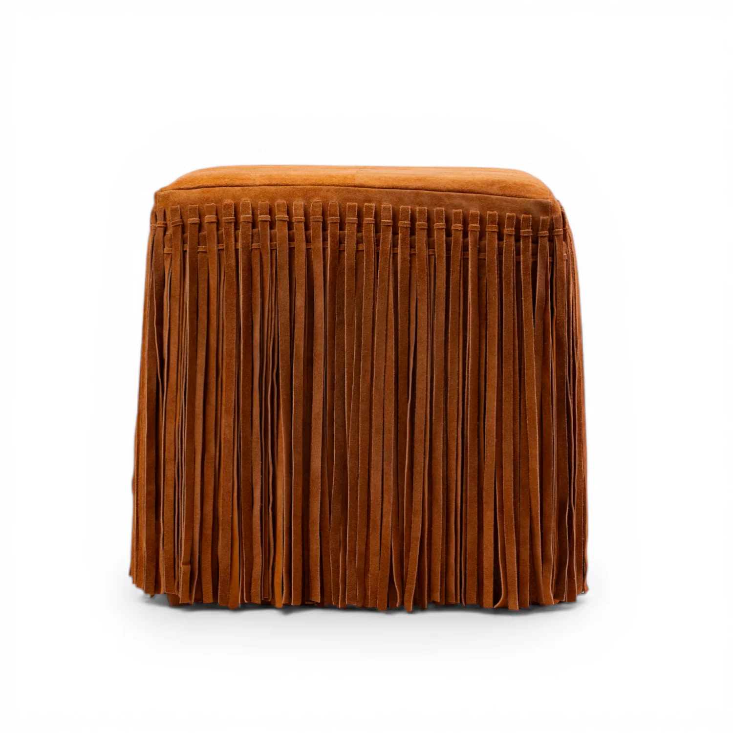 Suede Fringe Square Ottoman - Cognac - Image 3