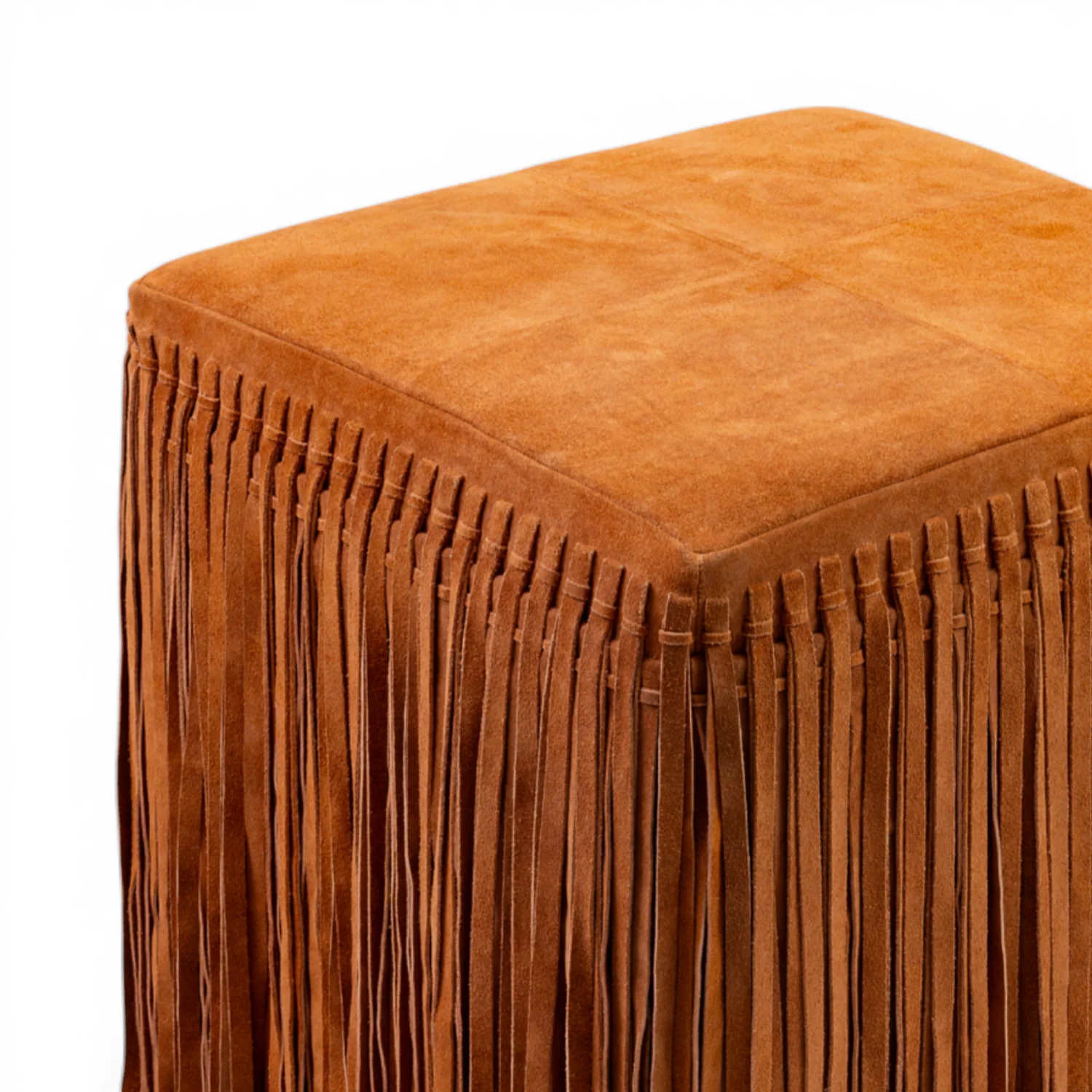 Suede Fringe Square Ottoman - Cognac - Image 4